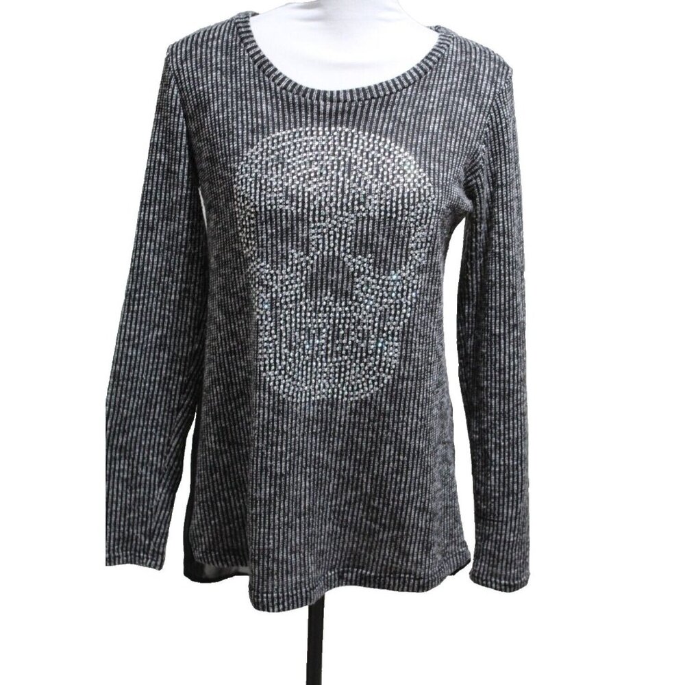 Vocal Apparel Embellished Skull Elbow Patch Knit Top Open Sheer Back Black M